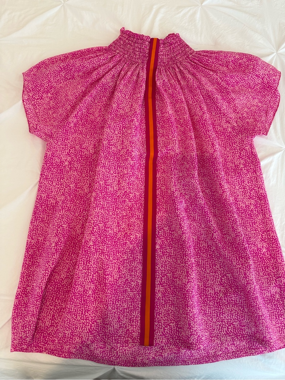 Smocked-Neck Short Sleeve Blouse in Bright Pink